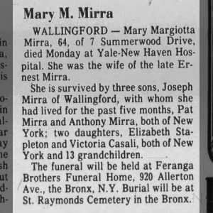 Obituary for Mary Margiotta Mirra